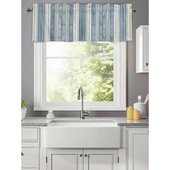 Boho Pattern on Retro Stripe Valances for Windows,Rod Pocket Valance for Kitchen Bedroom Bathroom Living Room, Geometric Line on Blue Beige Window Valance Curtain Short Curtains 42x12in