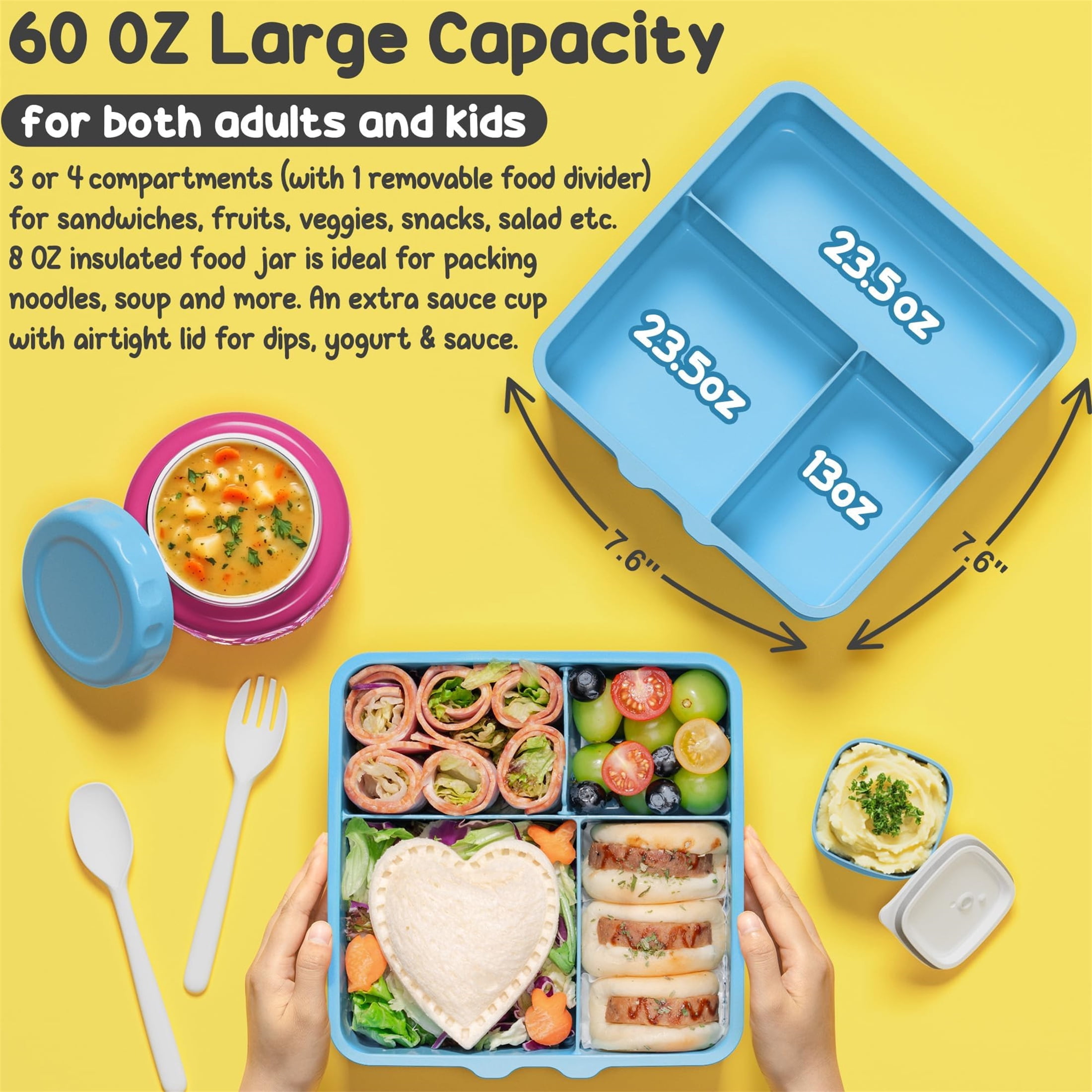 Bento Lunch Box Set for Teen Adult, Lunch Food Container 3-4 Compartment with 14 OZ Water Bottle, Food Jar, Insulated Lunch Bag, Sauce Cup, Utensils, Ocean Blue