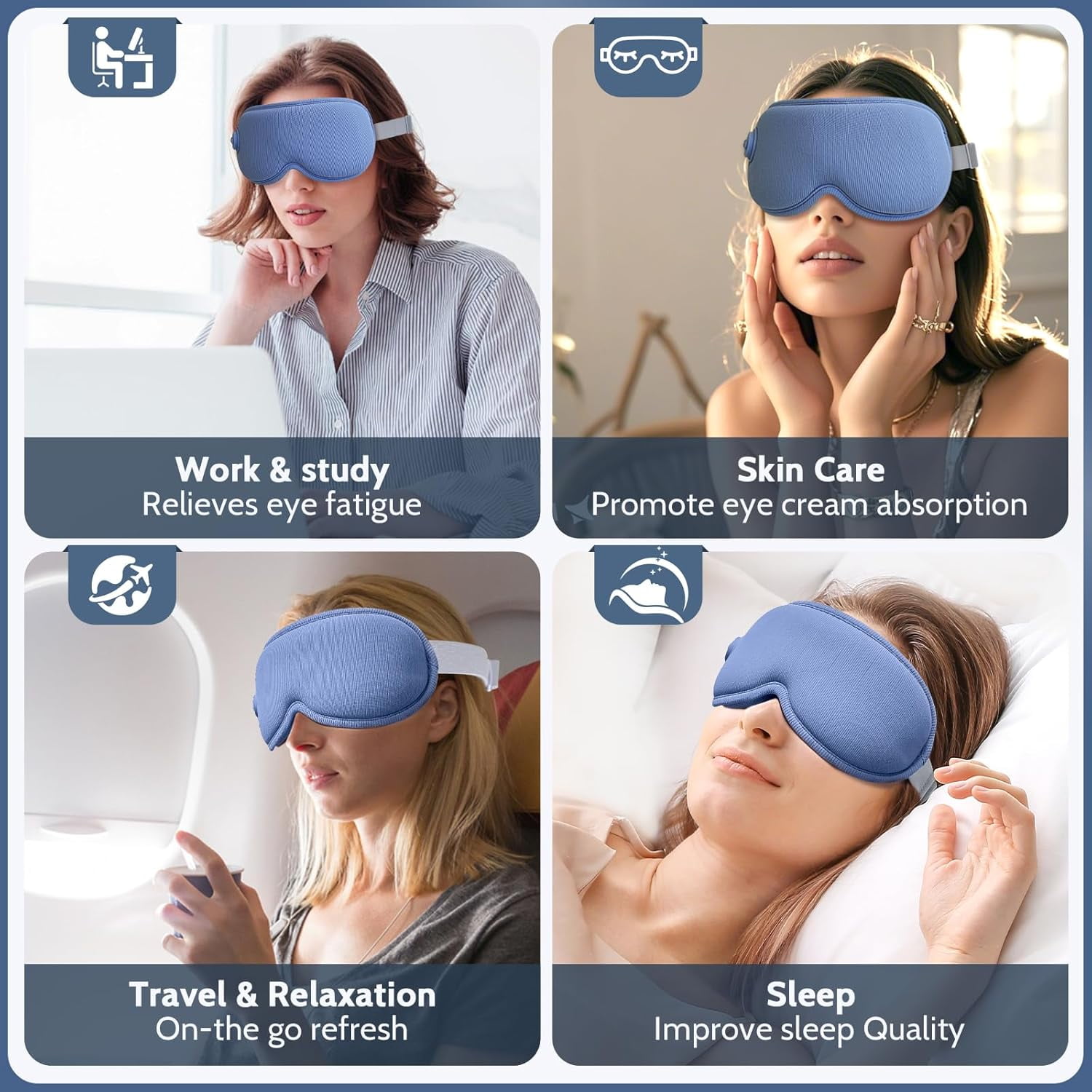 Heated Massage Eye Mask, Heating Sleeping Eye Mask with 3 Level Heating, 5 Vibration Modes, 4 Massage Points, 30min Auto Off for Relax Eye Strain, Blue