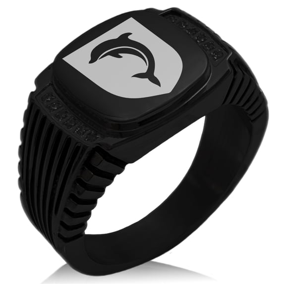 Stainless Steel Dolphin Diligence Coat of Arms Shield CZ Ribbed Needle Stripe Pattern Biker Style Polished Ring