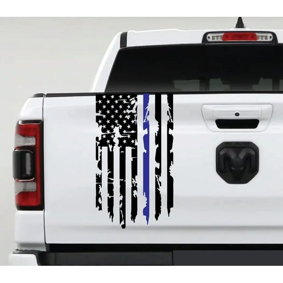 AnyStickerYouWant Distressed Thin Blue Line Flag Police Officers Law Enforcement Flag USA Sticker Truck Tailgate Vinyl Decal Compatible with Most Pickup Trucks Respect & Honor Flag