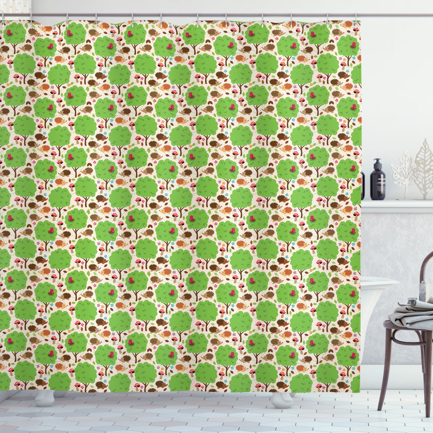 Forest Friends Shower Curtain, Repetitive Nursery Themed Pattern with