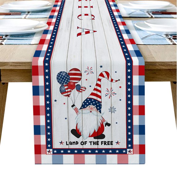 Independence American Gnomes Balloon Table Runner 60 Inches, Wooden Stripes Red Blue Bed Runner Dresser Scarves Tabletop for Indoor Outdoor Parties/Ceremony/Banquet, 13" x 60"