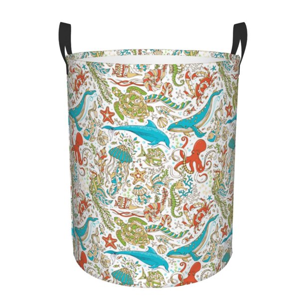 Fotbe Sea Animal Cesto de Ropa con Asas, Cesto Impermeable de Gran Capacidad, Bolsa de Lavado para Dormitorio, Cesto de Ropa con Ruedas y Asas-Small