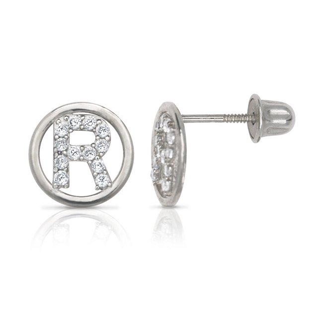 Solid 14k White Gold Small CZ Cubic Zirconia Simulated Diamond Circle A Z Letter Name Personalized Monogram Initial Stud