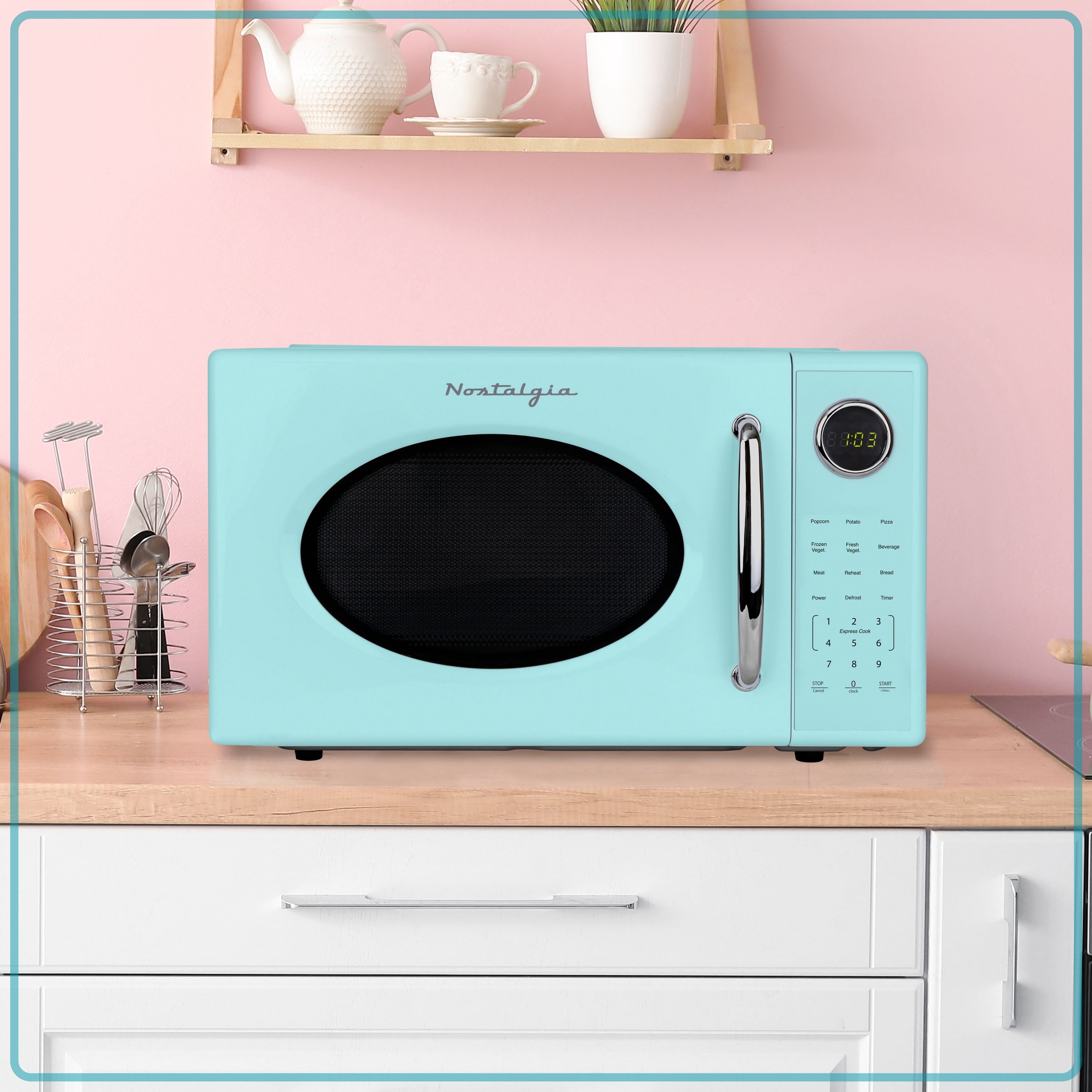 Nostalgia 1.1 cu ft Retro Microwave Oven, 1000W Countertop Microwave Oven with 8 Auto Cook Programs, Aqua