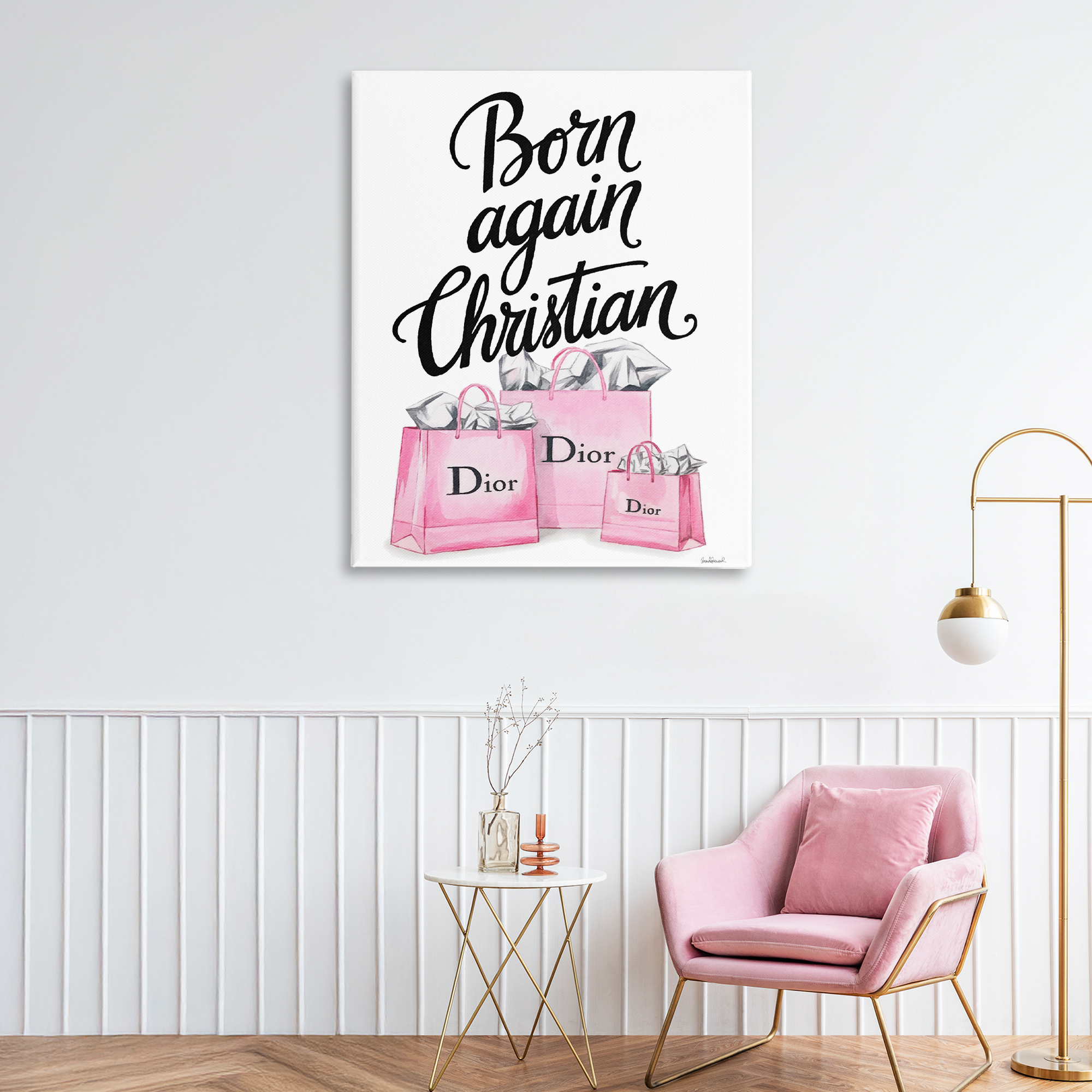 Pink Bags Born Again Christian Canvas Wall Art, design by Amanda Greenwood
