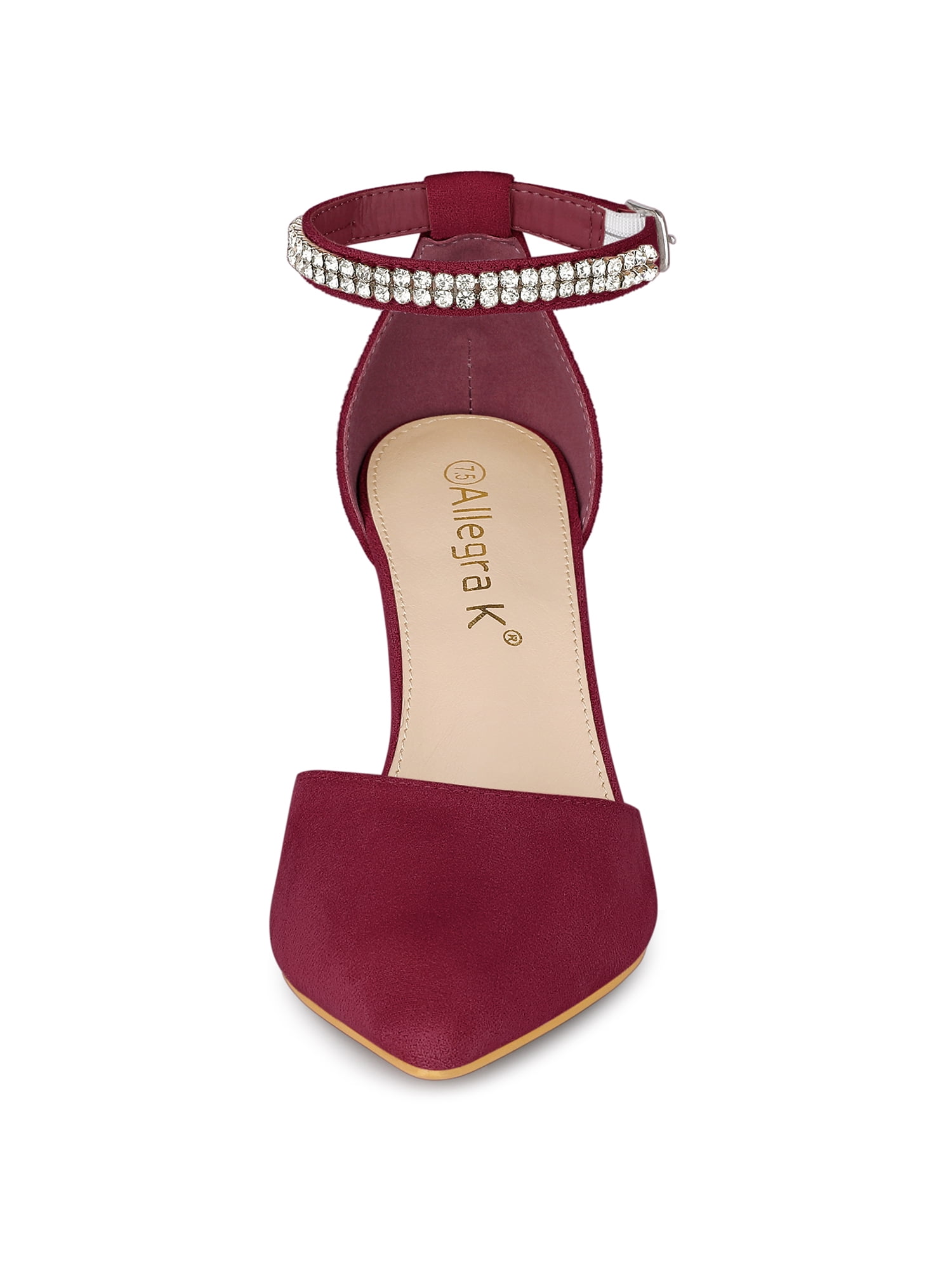 DARING DIVA Women's Pointed Toe Rhinestone Ankle Strap Chunky Heels Pumps Burgundy 10