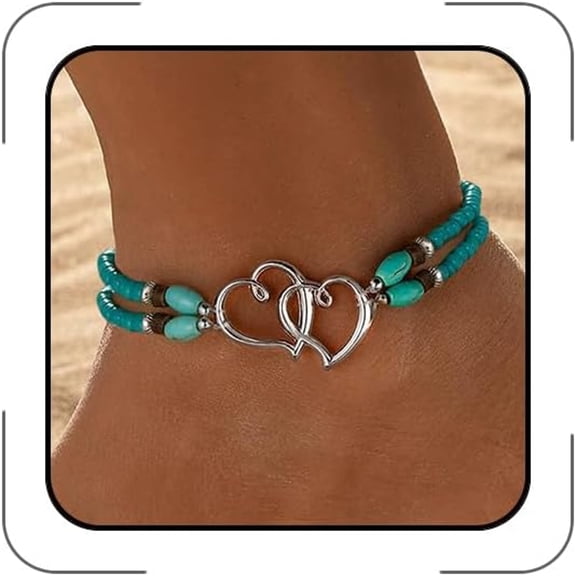 Elastic Beaded Ankle Bracelets for Women, Double Heart Layered Stretch Anklet, Waterproof Dainty Boho Summer Beach Foot Jewelry, Green Alloy Beads