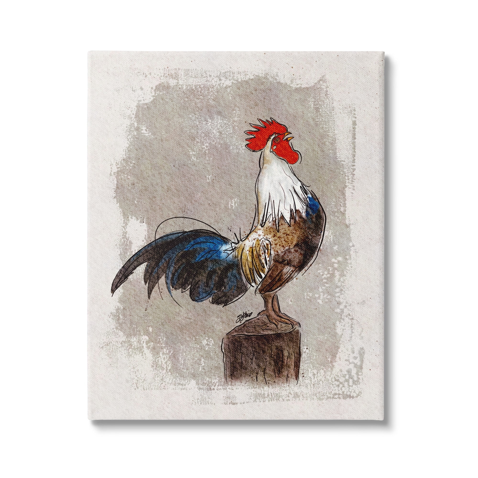 Stupell Farmhouse Rooster Perched Painting Animals & Insects Painting Gallery Wrapped Canvas Print Wall Art