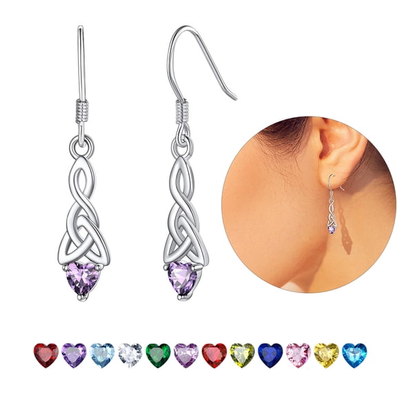 Suplight Silver Celtic Knot Heart Dangle Earrings with Birthstone, Irish Celtic Jewelry for Women