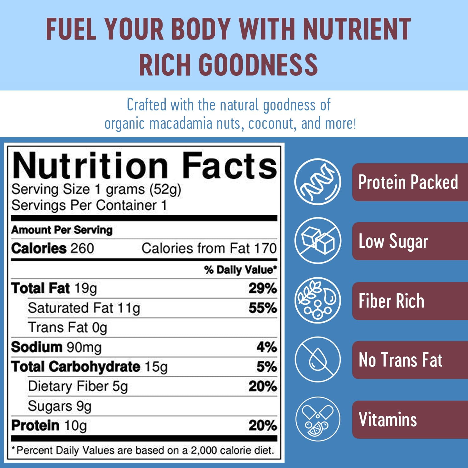 Mammoth Bar Organic Macadamia Coconut High Protein Bar – Clean Label, Gluten-Free, No Added Sugar, Non-GMO, 10 Count