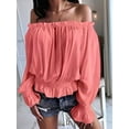 thumbnail image 5 of Elegant Off Shoulder Tops for Women Long Sleeve Ruffle Smocked Waist Casual Party Shirts Plus Size Blouses Pink 4XL, 5 of 6