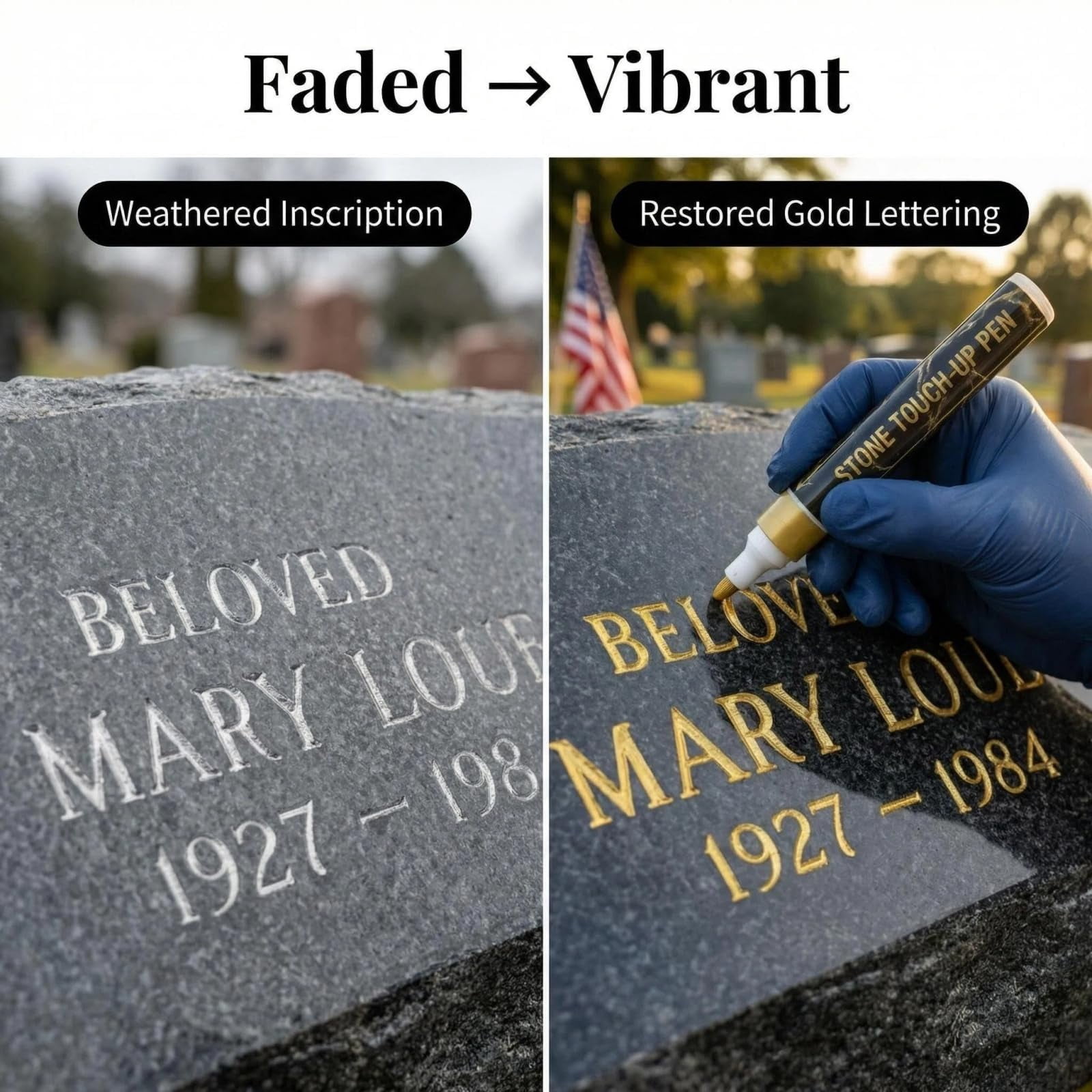 Golden Tombstone Marker Pen for Restoring Faded Grave Inscriptions, Waterproof Fast-Drying Oil-Based Stone Touch Up Pen, Permanent Paint Markers for Granite Headstones