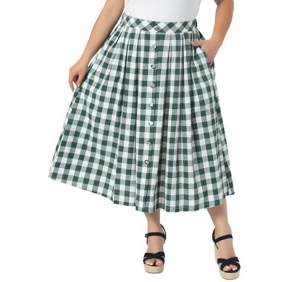 Agnes Orinda Women's Plus Size Plaid Skirt Vintage Button Decor Flare Flowy High Waisted Elastic Checkered Midi Skirts with Pockets 2X Green