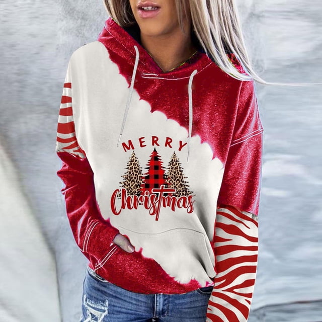 Chandail en Molleton Oversize de Noël pour Femmes, Imprimé Mode, Col Rond, Manches à Capuche, Cadeau de Noël en Liquidation