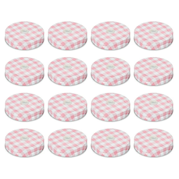 16pcs Mason Jar Lids 2.76" Tinplate Canning Covers with Straw Hole, Pink Gingham