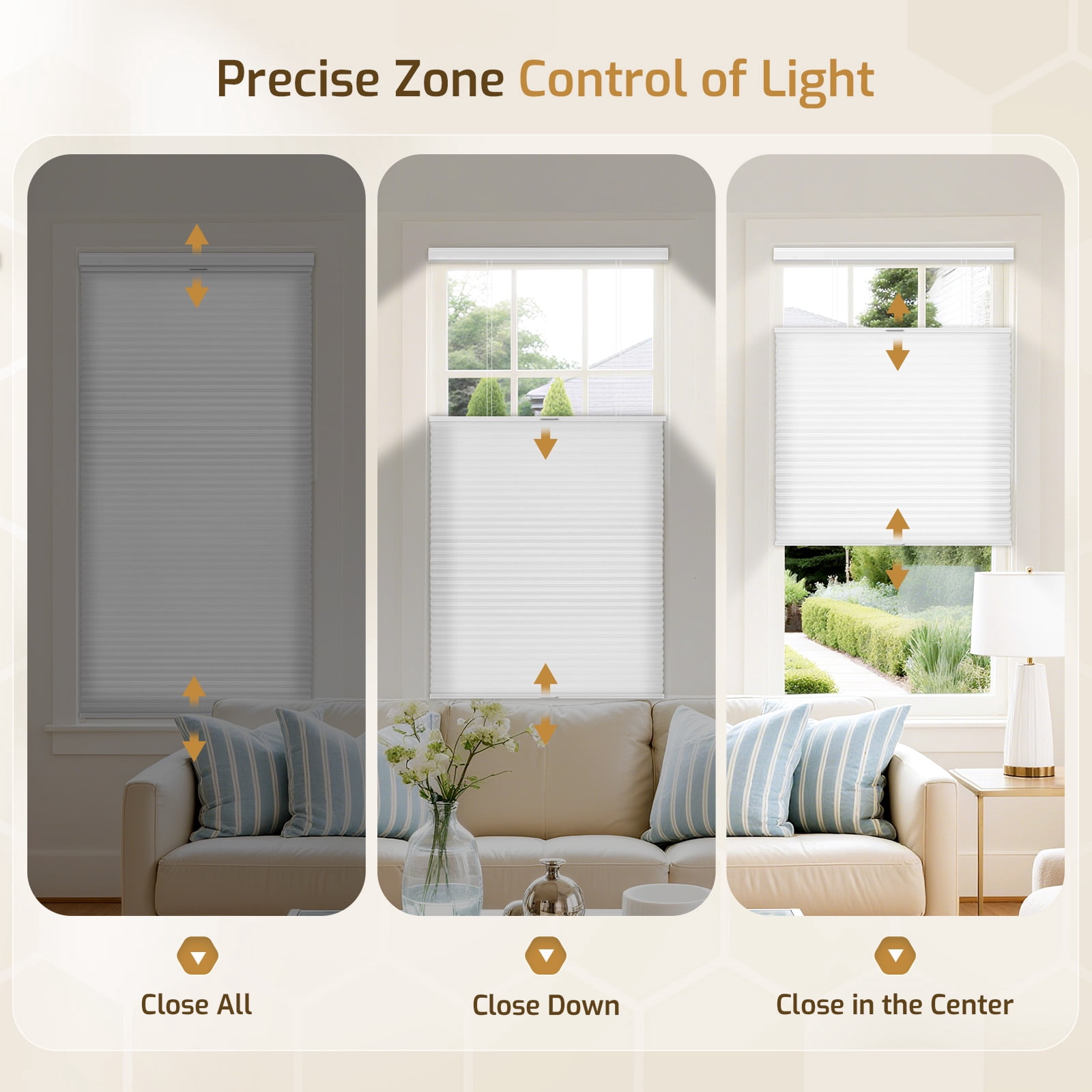 Grandekor No Drill Top Down Bottom Up Cellular Shades, 1.5 Inch Large Cell Cordless Light Filtering Honeycomb Blinds for Indoor Windows, Thermal Privacy, Rental Friendly White 35"W x 64"H