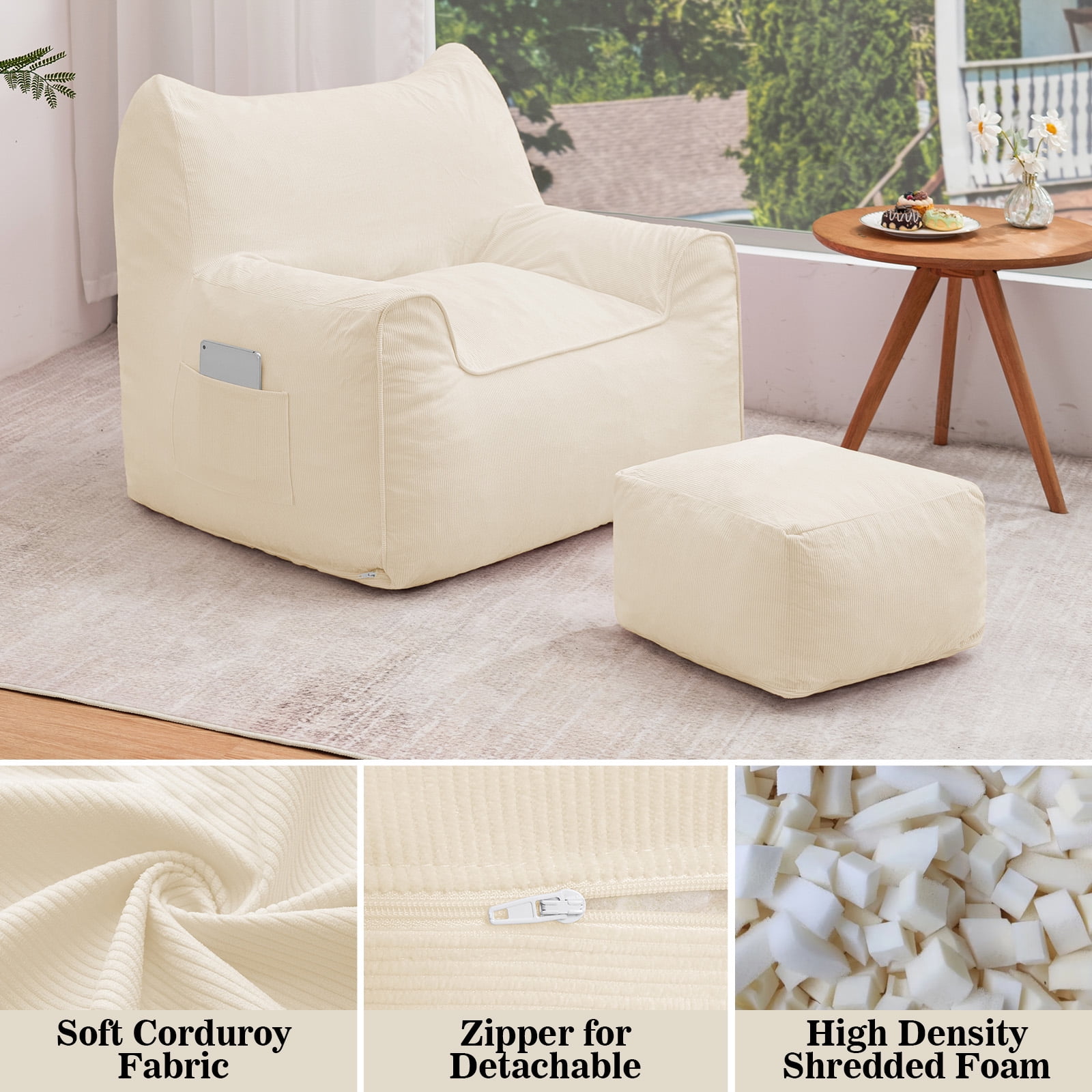 Bean Bag Chair with Ottoman Bean Bag with Footstool for Adults Teens, Bean Bag Sofa with Washable Cover, Pocket, Handle for Bedroom, Living Room, Beige
