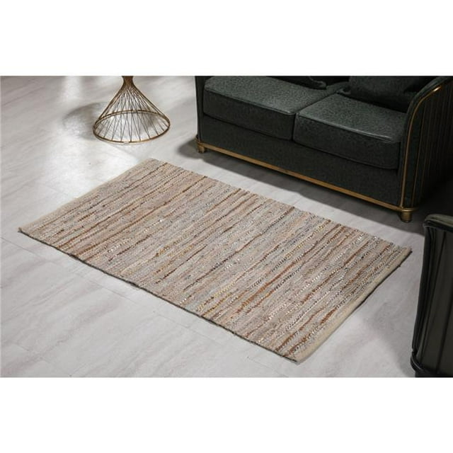 Luxen Home 3'x5' Handwoven Beige Leather/Cotton Rug with Metallic Leather
