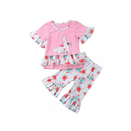 Topumt Baby Girl Cartoon Pattern Concise Comfy Tee Flare Legs Pants Set