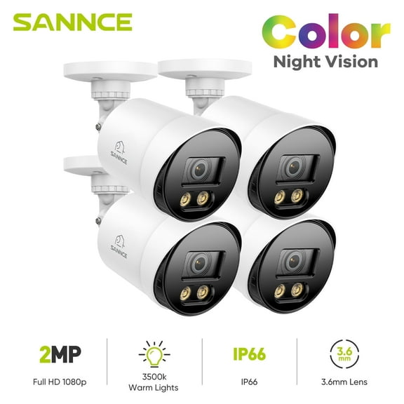 SANNCE Full Color Night Vision Security Bullet Camera, 4pcs 1080P TVI Wired CCTV Surveillance Camera for Home, Indoor Outdoor Use, Built-in 3500K Smart Warm Spotlight LED, 4 Cameras with Adapter & Ca
