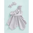 thumbnail image 4 of Franhais Girls' Casual Dress Dots Printed Slanted Shoulders Ruffles Irregular Hem with Belt + Hairband, 4 of 9