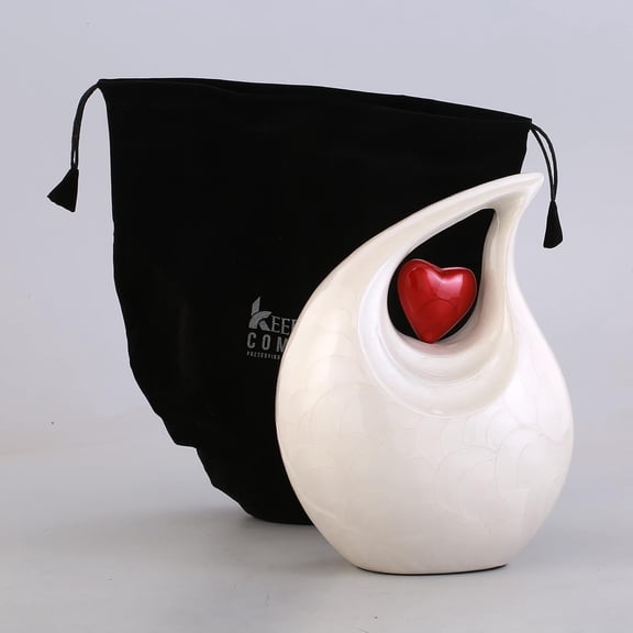 Large White Teardrop Urn with Red Heart for Human Ashes Male - Urns for Adult Men and Women - Cremation Urns for Ash, Funeral/Burial Urns, Decorative and Keepsake ERN/Earns 2.5 LTR Volume