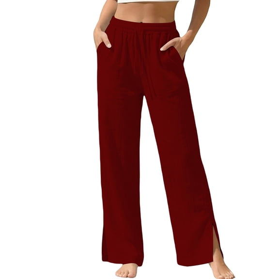 UAMVSH Women's Linen Pants with Pockets Side Split High Waisted Lounge Trousers Drawstring Casual Loose Wide Leg Pants