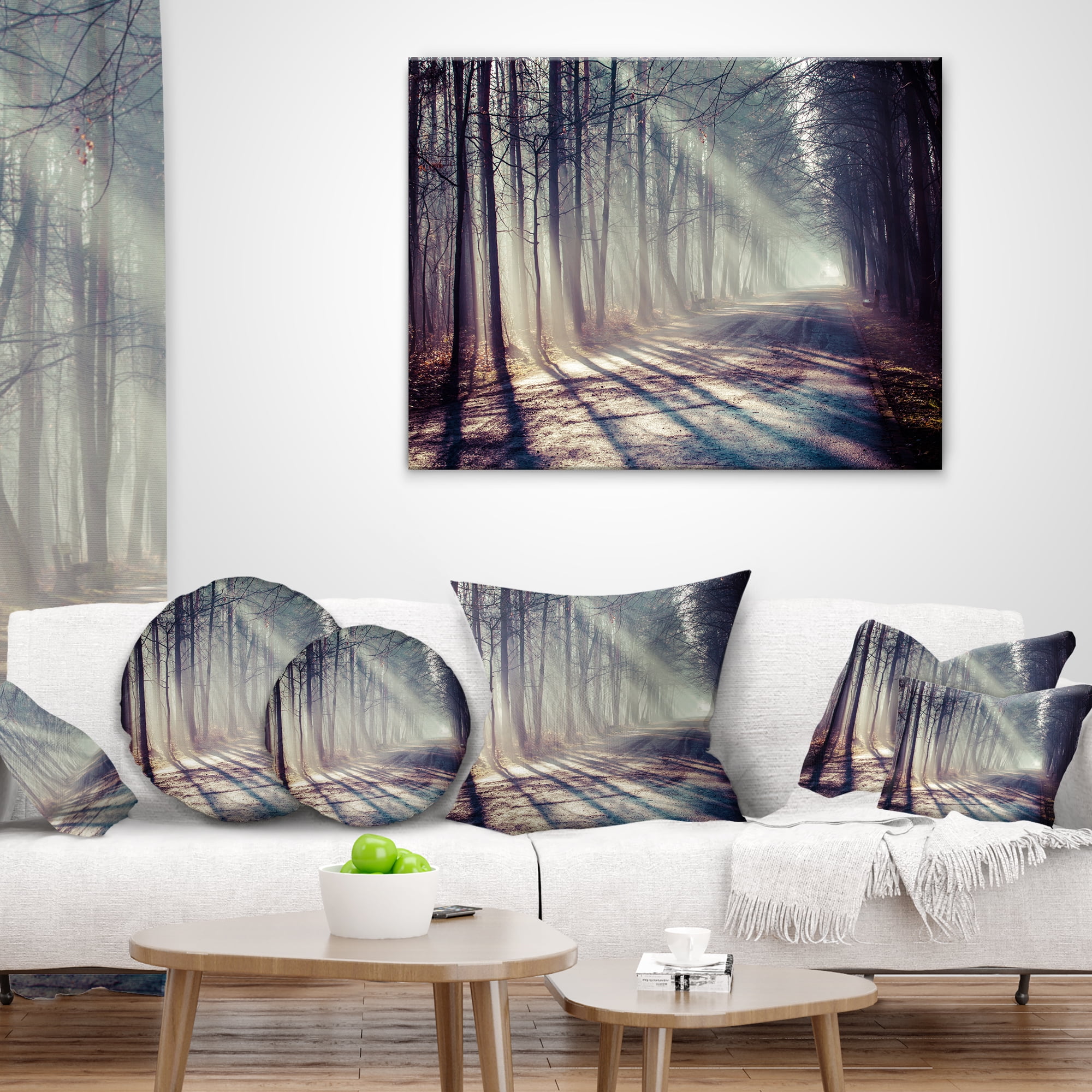 Designart Morning Sunbeams to Forest Road - Landscape Photography Throw Pillow - 12x20