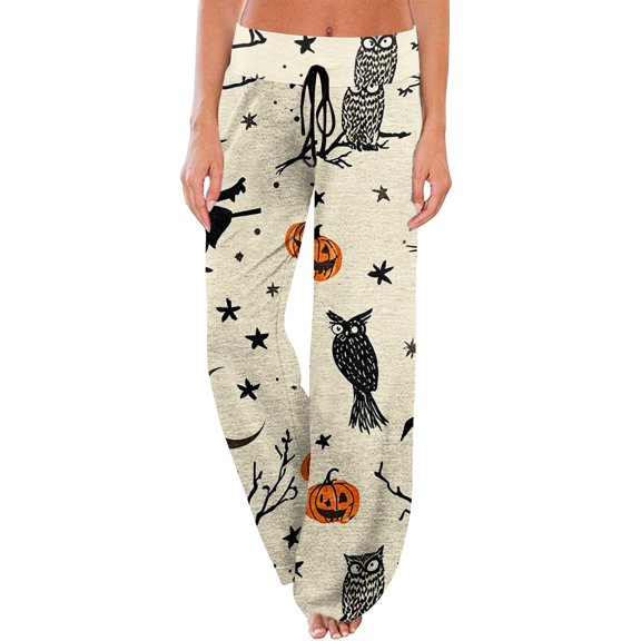 Domzest Womens Halloween Pajama Pants Pumpkin Ghost Bat Print Drawstring Elastic Waisted Pj Bottoms Wide Leg Cute Pajama Bottoms Complexion L