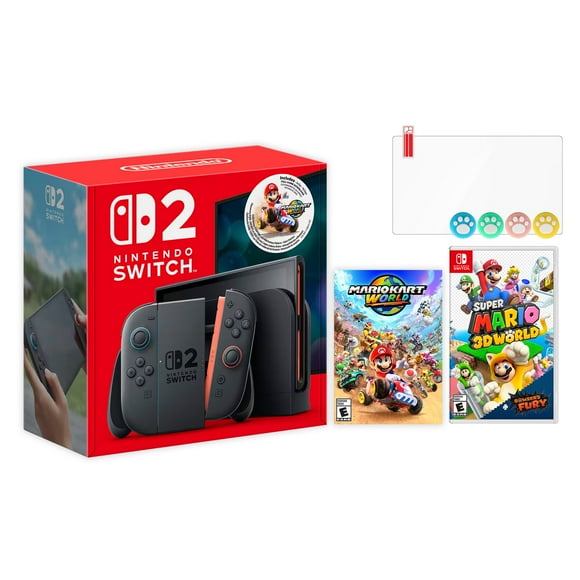 Nintendo Switch 2 Mario Kart World Bundle 256GB 7.9-Inch 1080P Screen, Joy-Con 2 with Mouse Sensor, Dock, with Super Mario 3D World + Bowser's Fury And Mytrix Joystick Caps & Screen Protector