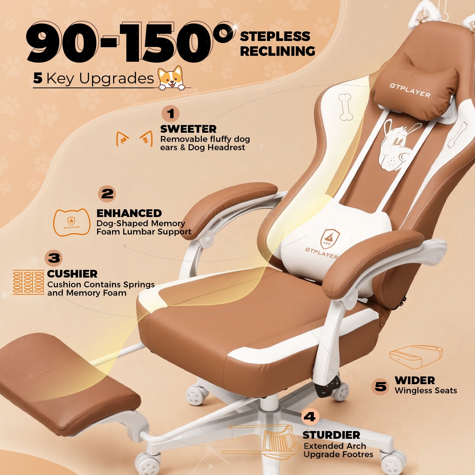 LUCKLIFE Cute Gaming Chair with Cat Paw,Computer Chair with Footrest, Reclining PC Game Chair for Girl, Teen