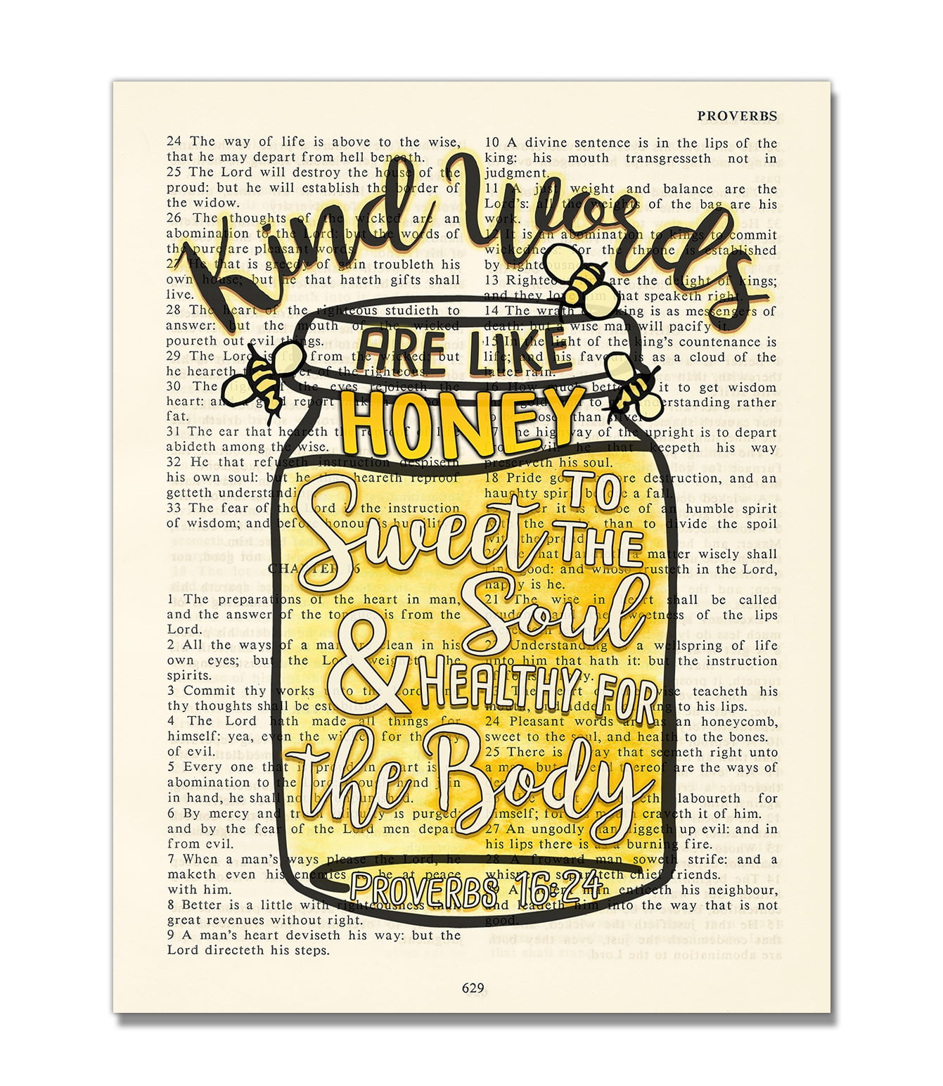 Proverbs 16:24, Kind Words are Like Honey, Sweet to the Soul, Vintage Bible  Verse Page Scripture Art Print, Unframed, Christian Wall Decor - Walmart.com