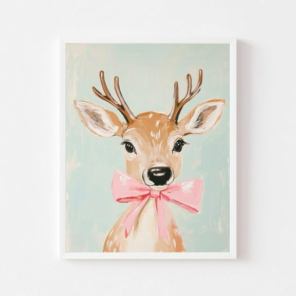 Kna Prints - Girly Reindeer With Pink Bow Painting Pastel Wall Art Print Colorful Holiday Girl'S Room Winter Wall Art Decor For Home Office, UNFRAMED-8x12