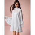 thumbnail image 5 of White Flare Sleeve Ruffle Hem Mini Dress with Tie Neck and Tiered Skirt, 5 of 30