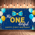 thumbnail image 5 of Blue Gold Themed First Birthday Banner with Balloons Bow and Glitter Party Supplies Photography Props Backdrop Happy Birthday Decorations Birthday Party Background, 5 of 8