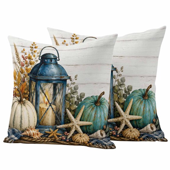 Coastal Pumpkins Outdoor Waterproof Pillow Covers, Fall Vintage Nautical Starfish Wood Grain Decorative Square Throw Pillowcase Sofa Cushion Sham for Patio/Couch/Chair, 20"x20" 2 Pack