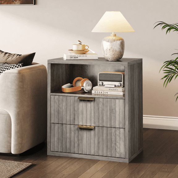 GALAXHERO 2 Drawer Nightstand, Wood Fluted End Table with Open Shelf, Mid Century Modern Bedside Tables for Bedroom, Living Room, Greige