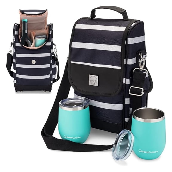 Savvy Outdoors Insulated Wine Tote Bag with Stemless Glasses & Exterior Pouch - Foldable Wine & Portable Cooler