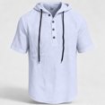 thumbnail image 5 of Hearthz Men’s Linen Blend Hooded Henley Shirts Drawstring Button Men's Shirts Short Sleeve Summer Beach Men's T-Shirts, 5 of 7