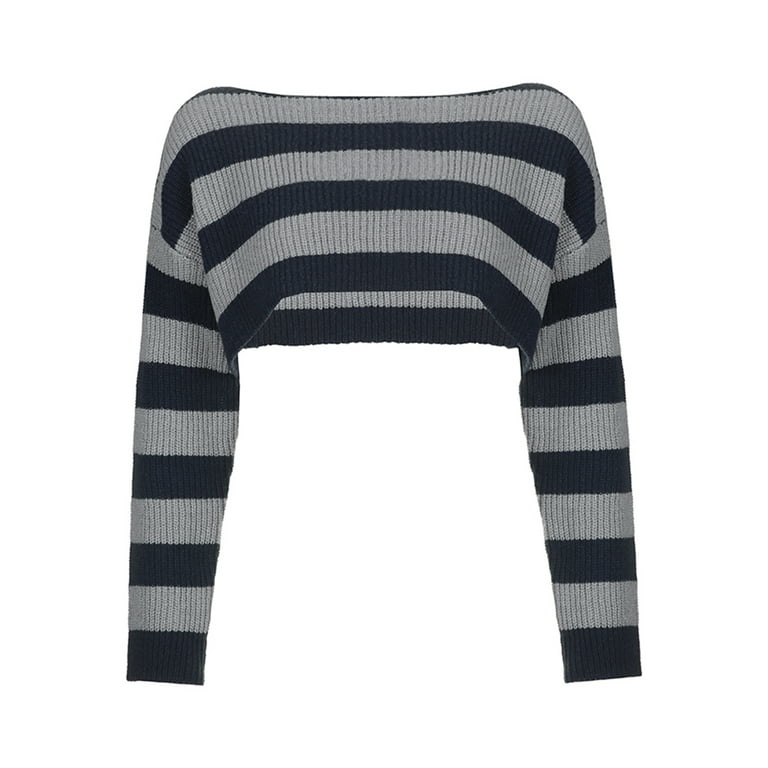 Diconna Women Y2K Stripe Knit Sweater Long Sleeve Crochet Knit Crop Tops  90s E-Girl Streetwear Black M