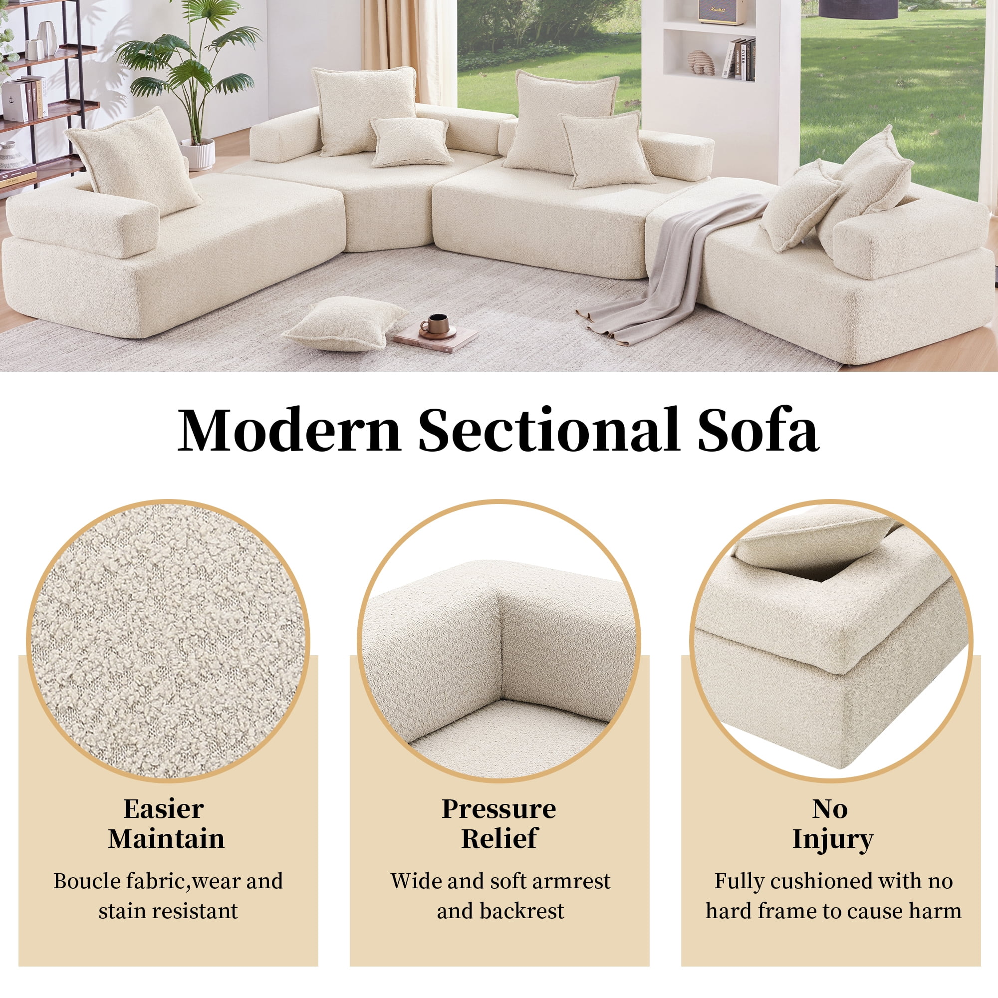 EUROCO 156" Oversized Modular U Shaped Sectional Sofa Couch, Boucle 4 PC Free Combination Floor Sleeper Couch Set, Spacious Foam-Filled Convertible Sofa Bed for Living Room, Beige