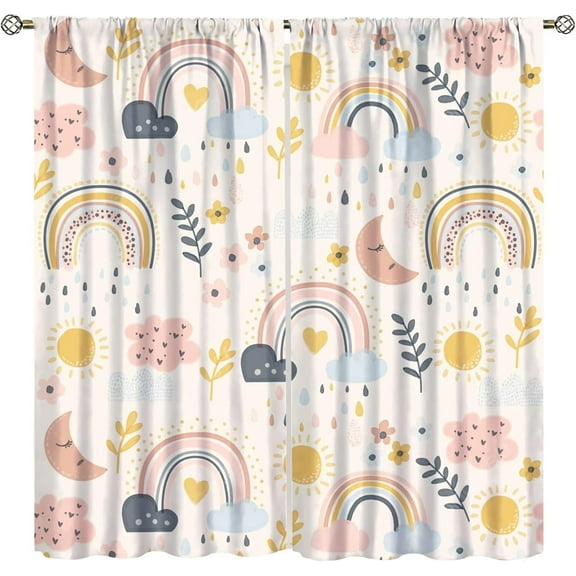 Rainbow Curtains for Kids Boho Nursery Colorful Floral Sun Star Clouds Pastel Bohemian Girls Child Art Printed Living Room Bedroom Window Drapes Treatment Fabric 84x84 Inch Blackout