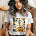 thumbnail image 2 of Halloween Goose with Ghosts and Pumpkin Cute Graphic T-Shirt, Heliconia, Size S, 2 of 6