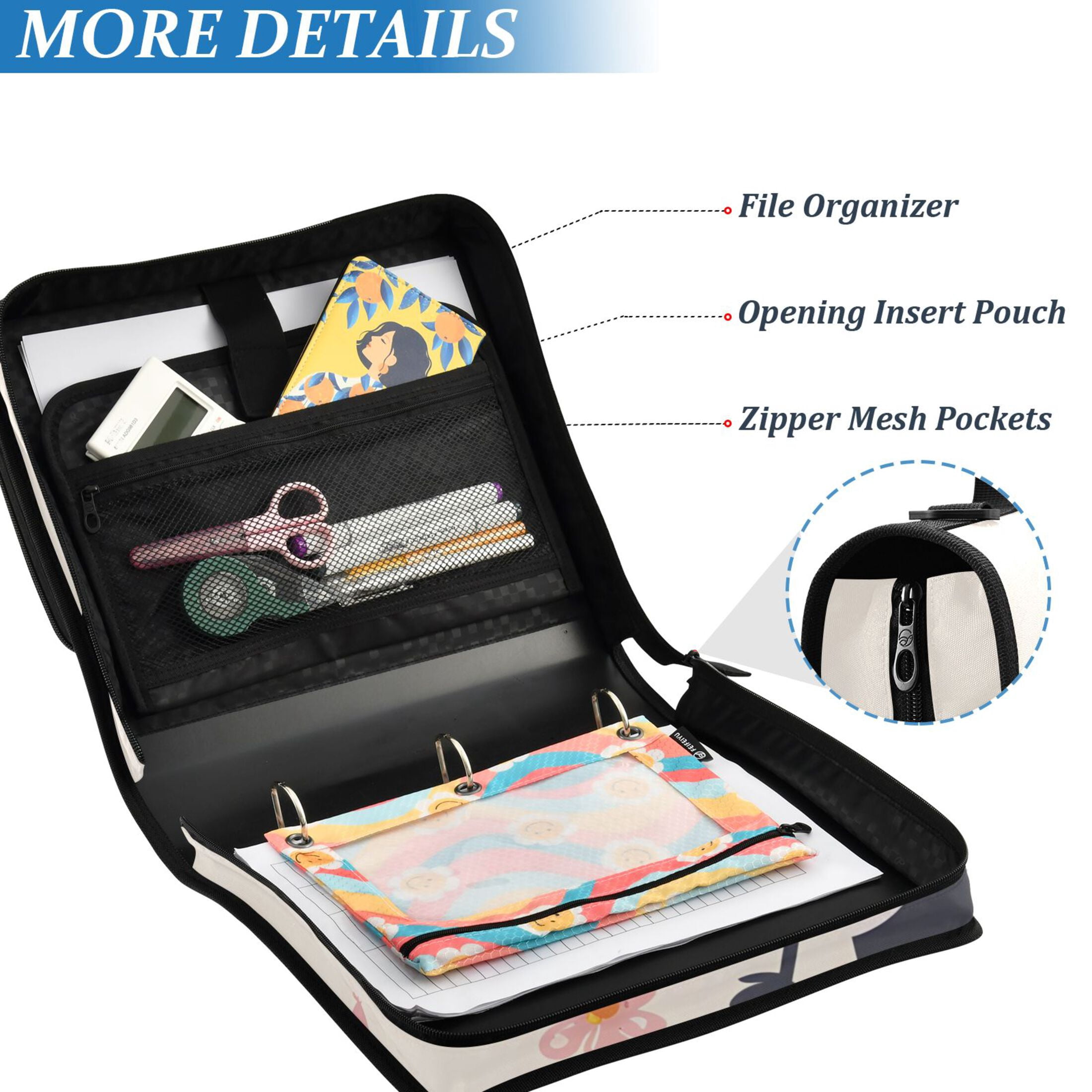 ALAZA Zipper Binder Cute Cartoon Cow Floral 3 Ring Trapper Keeper File Folder Organizer Bag