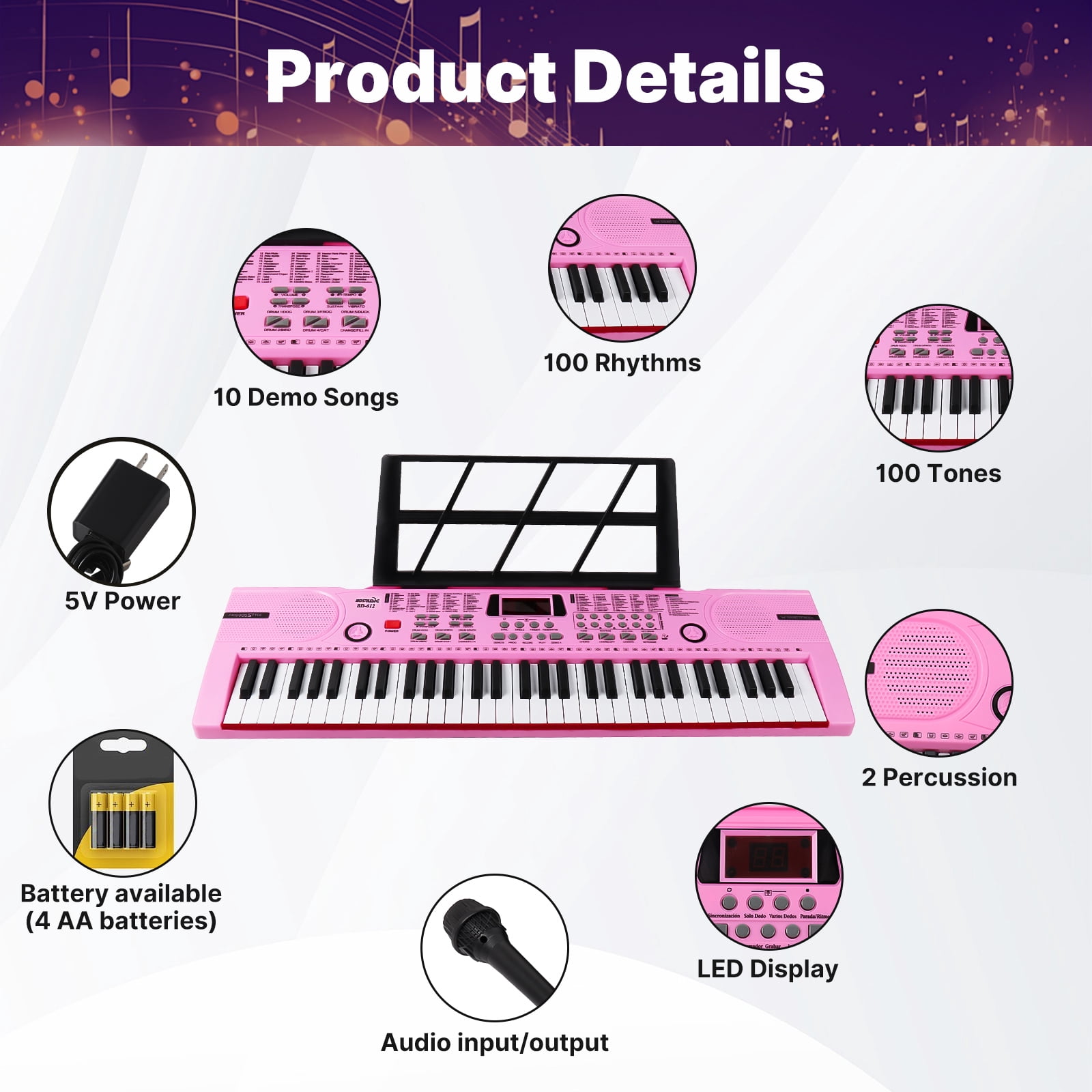 iMeshbean 61 Keys Keyboard Piano Electronic Digital Piano w/Built-In Speaker Microphone（pink）