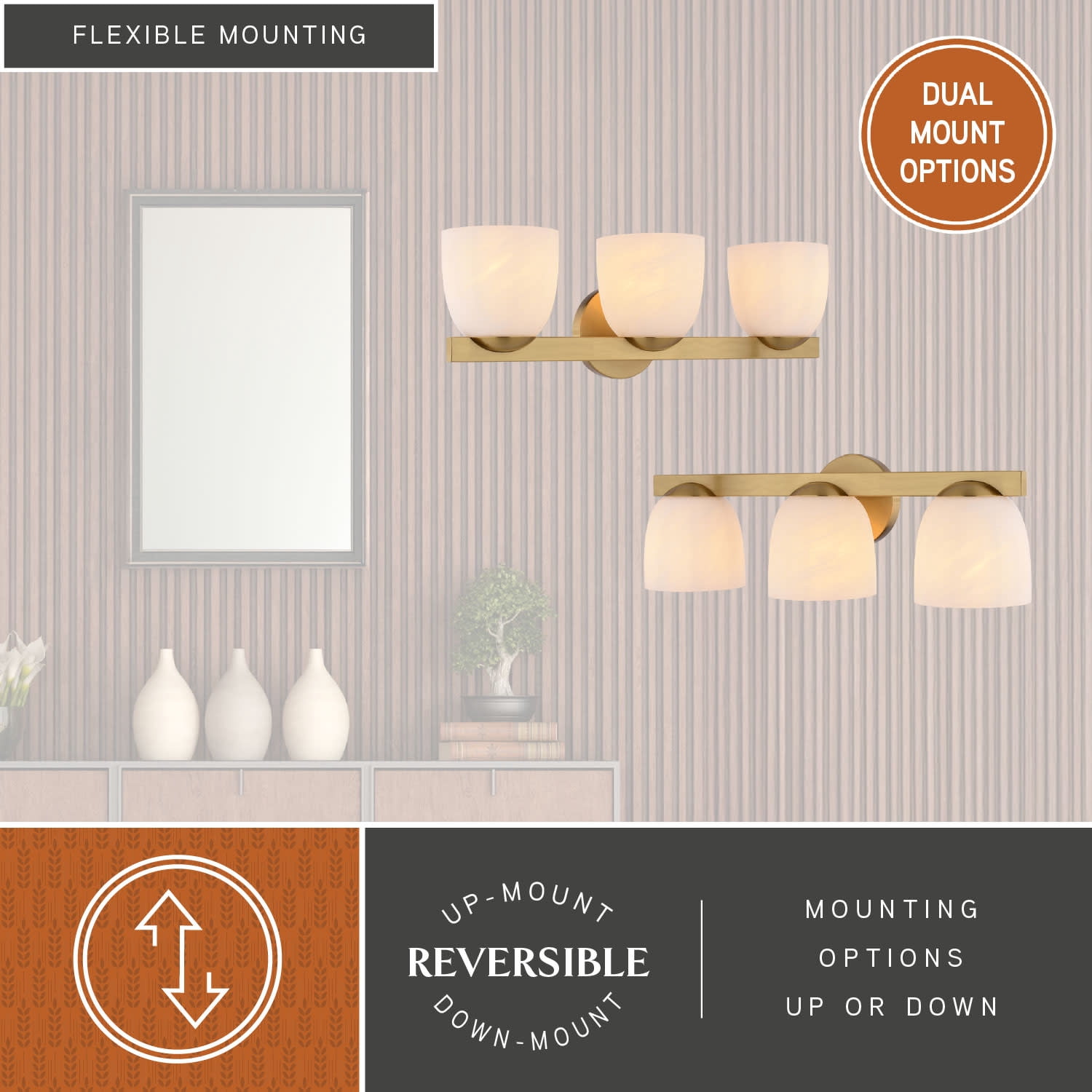 VAXCEL Bosworth 3-Light 22 in. Wide Muted Brass Gold Contemporary Bathroom Vanity Lighting Fixture, Alabaster Glass Shade, Dimmable, Reversible Over the Mirror Mounted Steel Wall Sconce