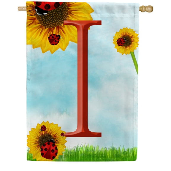America Forever Summer Sunflower Ladybugs Monogram House Flag Letter I 28 x 40 inches Yellow Floral Spring Double Sided Vertical Outdoor Yard Lawn Decorative Yellow Hello Sunshine House Flag