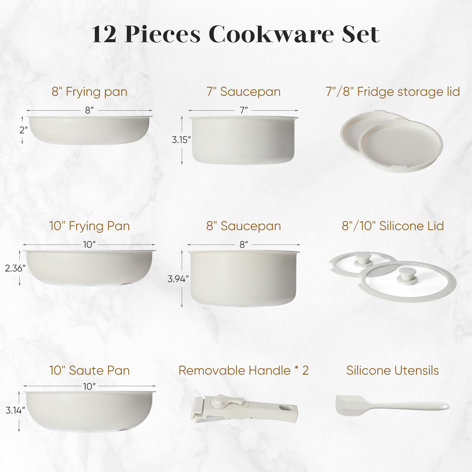 MCQ Cookware Set, 12-Piece Non-Stick Pots and Pans Set with Detachable Handles, Induction Compatible, Black​